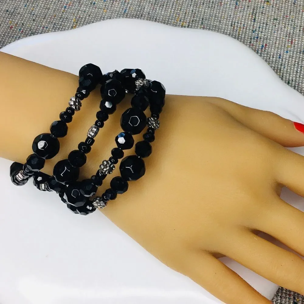Vintage Faceted Black Beads silver Flower Wrap Around Bracelet 4424